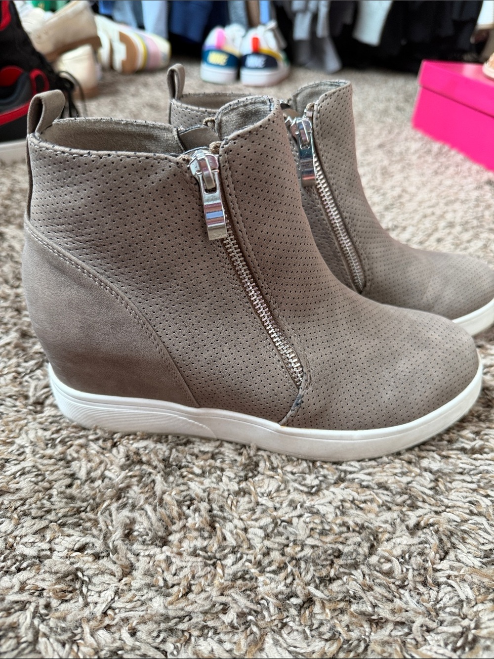 Journee Collection Taupe Wedge Ankle Sneakers with Side Zipper